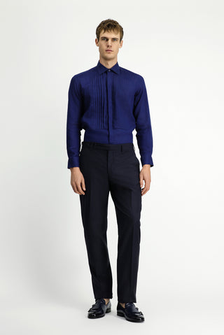  Koyu Lacivert Uzun Kol Klasik Piliseli Keten Gömlek