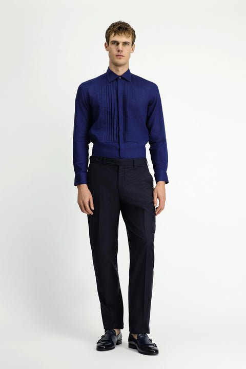 Koyu Lacivert Uzun Kol Klasik Piliseli Keten Gömlek