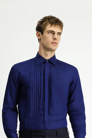  Koyu Lacivert Uzun Kol Klasik Piliseli Keten Gömlek