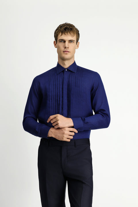 Koyu Lacivert Uzun Kol Klasik Piliseli Keten Gömlek