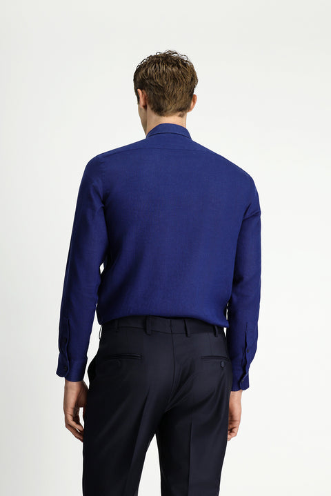 Koyu Lacivert Uzun Kol Klasik Piliseli Keten Gömlek