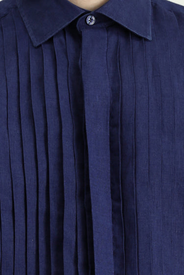 Koyu Lacivert Uzun Kol Klasik Piliseli Keten Gömlek