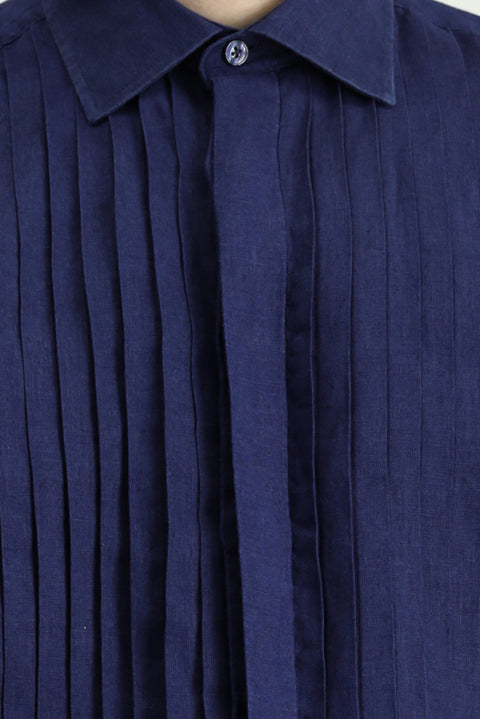 Koyu Lacivert Uzun Kol Klasik Piliseli Keten Gömlek