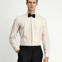 Açık Bej Uzun Kol Klasik Piliseli Keten Gömlek