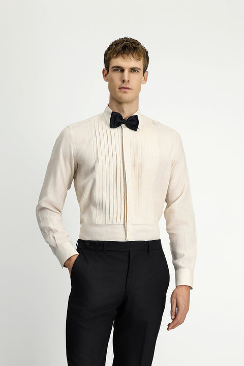 Açık Bej Uzun Kol Klasik Piliseli Keten Gömlek