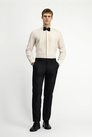  Açık Bej Uzun Kol Klasik Piliseli Keten Gömlek