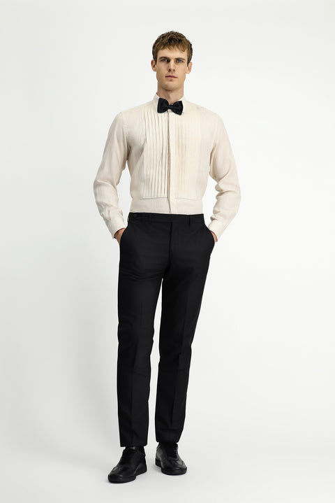 Açık Bej Uzun Kol Klasik Piliseli Keten Gömlek