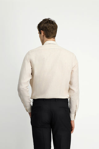  Açık Bej Uzun Kol Klasik Piliseli Keten Gömlek