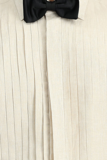 Açık Bej Uzun Kol Klasik Piliseli Keten Gömlek