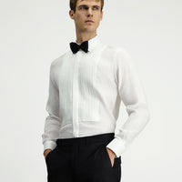 Beyaz Uzun Kol Klasik Piliseli Keten Gömlek