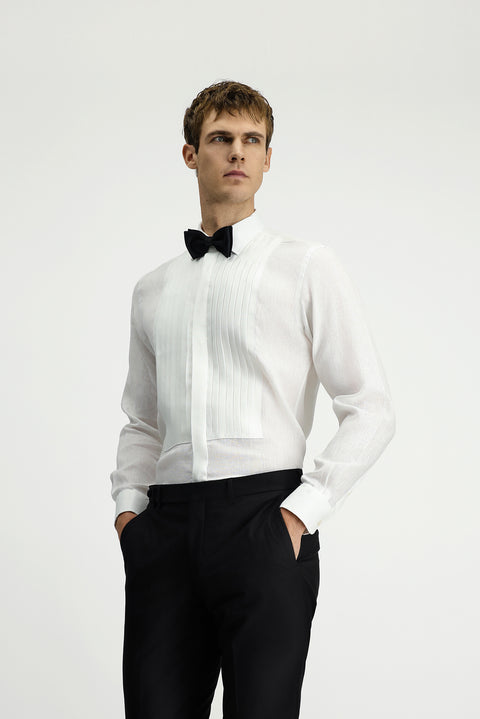 Beyaz Uzun Kol Klasik Piliseli Keten Gömlek