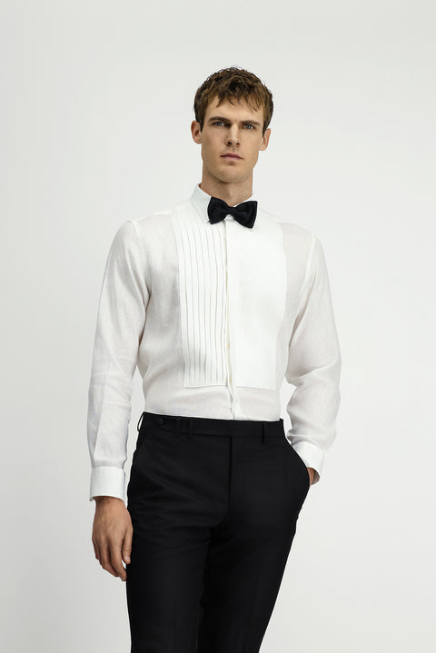 Beyaz Uzun Kol Klasik Piliseli Keten Gömlek