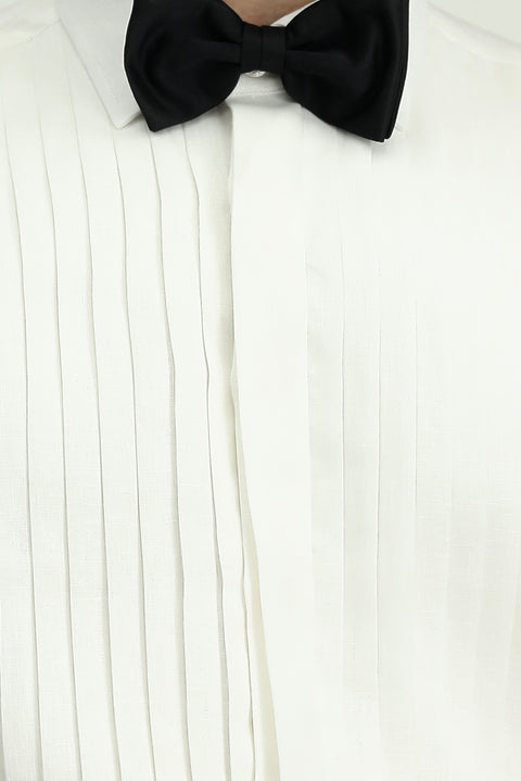 Beyaz Uzun Kol Klasik Piliseli Keten Gömlek