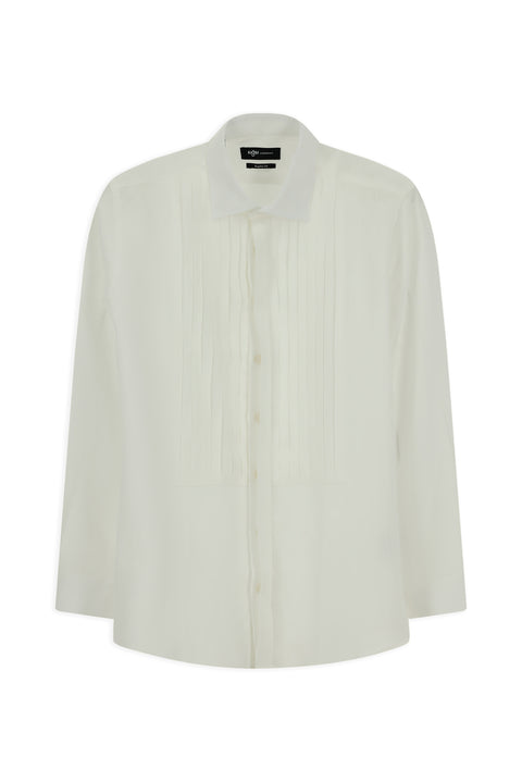 Beyaz Uzun Kol Klasik Piliseli Keten Gömlek