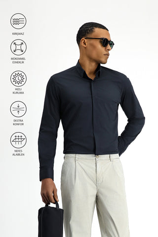  Siyah Techno-Line Uzun Kol Slim Fit Dar Kesim Likralı Gömlek
