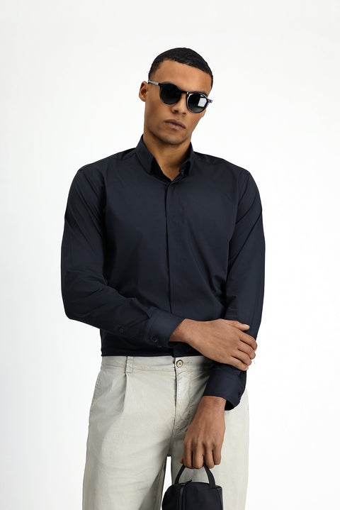 Siyah Techno-Line Uzun Kol Slim Fit Dar Kesim Likralı Gömlek