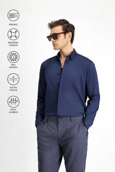 Koyu Lacivert Techno-Line Uzun Kol Slim Fit Dar Kesim Likralı Gömlek