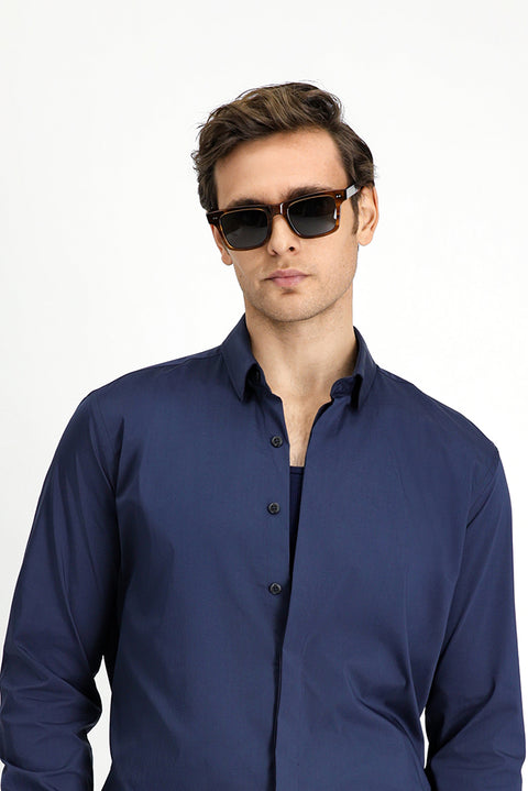 Koyu Lacivert Techno-Line Uzun Kol Slim Fit Dar Kesim Likralı Gömlek