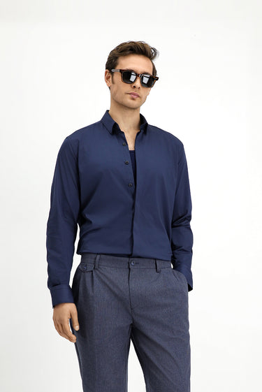 Koyu Lacivert Techno-Line Uzun Kol Slim Fit Dar Kesim Likralı Gömlek
