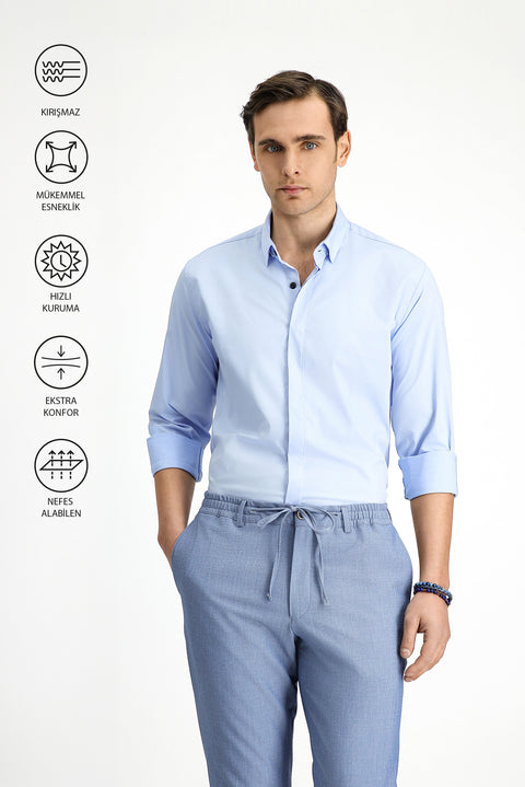 Açık Mavi Techno-Line Uzun Kol Slim Fit Dar Kesim Likralı Gömlek
