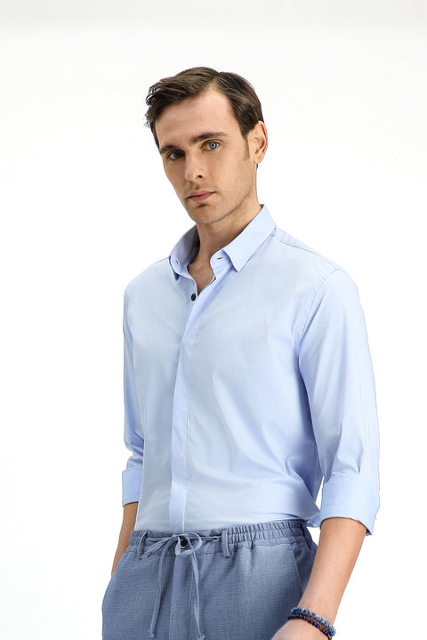 Açık Mavi Techno-Line Uzun Kol Slim Fit Dar Kesim Likralı Gömlek