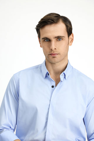  Açık Mavi Techno-Line Uzun Kol Slim Fit Dar Kesim Likralı Gömlek