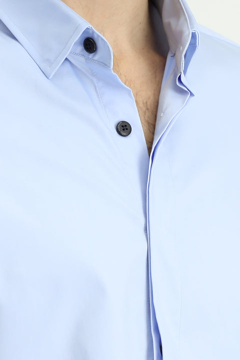 Açık Mavi Techno-Line Uzun Kol Slim Fit Dar Kesim Likralı Gömlek