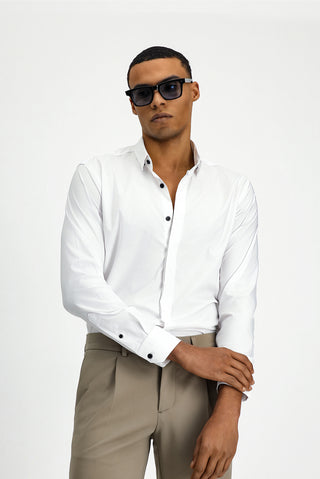  Beyaz Techno-Line Uzun Kol Slim Fit Dar Kesim Likralı Gömlek