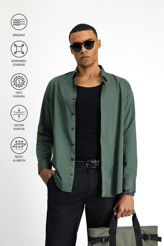  Orta Haki Techno-Line Uzun Kol Slim Fit Dar Kesim Likralı Gömlek