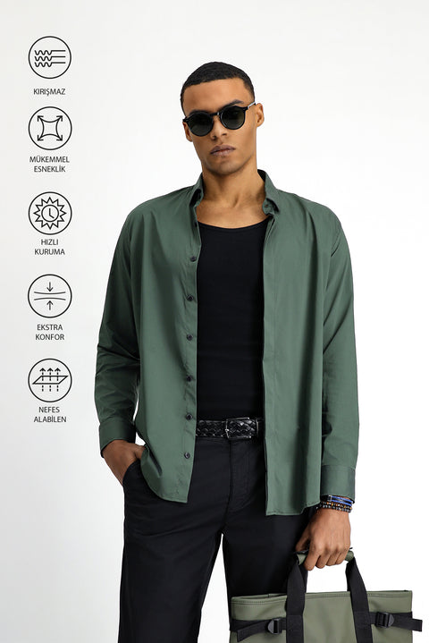 Orta Haki Techno-Line Uzun Kol Slim Fit Dar Kesim Likralı Gömlek