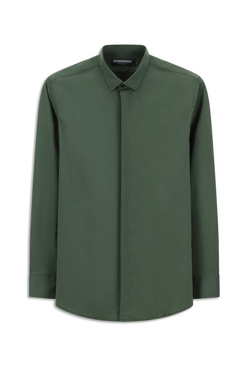 Orta Haki Techno-Line Uzun Kol Slim Fit Dar Kesim Likralı Gömlek