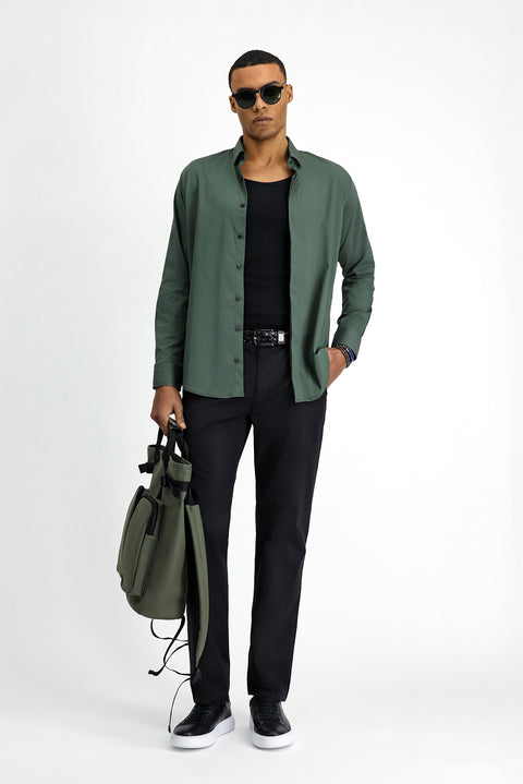 Orta Haki Techno-Line Uzun Kol Slim Fit Dar Kesim Likralı Gömlek