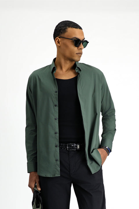 Orta Haki Techno-Line Uzun Kol Slim Fit Dar Kesim Likralı Gömlek