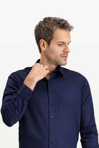  Koyu Lacivert Uzun Kol Slim Fit Dar Kesim Klasik Leke Tutmaz Pamuk Gömlek