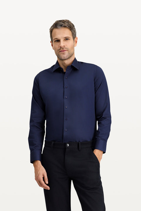 Koyu Lacivert Uzun Kol Slim Fit Dar Kesim Klasik Su İtici Leke Tutmaz 4 Mevsim Pamuk Gömlek