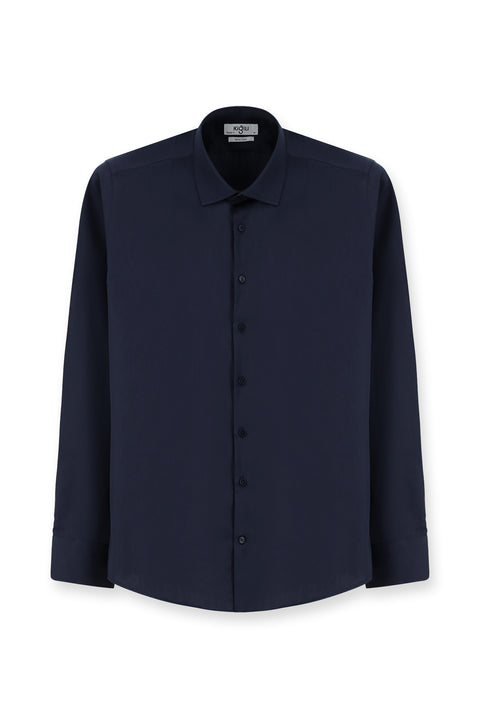 Koyu Lacivert Uzun Kol Slim Fit Dar Kesim Klasik Su İtici Leke Tutmaz 4 Mevsim Pamuk Gömlek