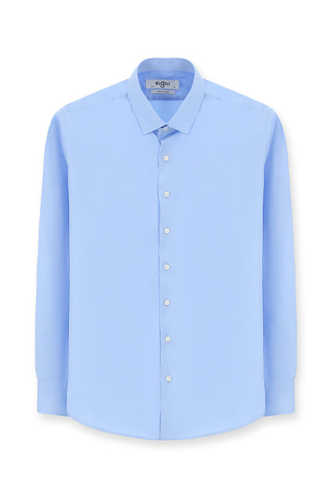 Açık Mavi Uzun Kol Slim Fit Dar Kesim Klasik Su İtici Leke Tutmaz 4 Mevsim Pamuk Gömlek