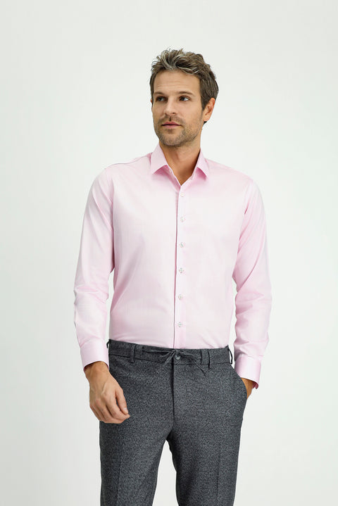 Pembe Uzun Kol Slim Fit Dar Kesim Klasik Nano Care Su İtici Leke Tutmaz 4 Mevsim Pamuk Gömlek