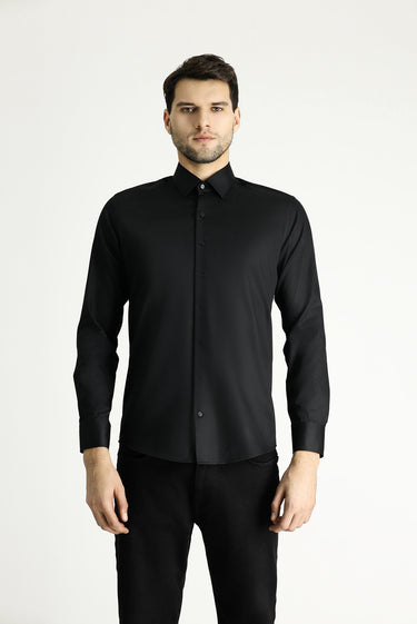 Siyah Uzun Kol Slim Fit Dar Kesim Pamuklu Non Iron Saten Klasik Gömlek