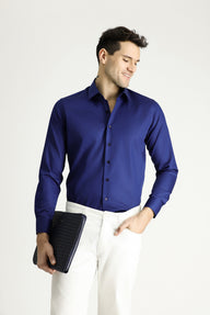 Navy Blue Long Sleeve Slim Fit Non-Iron Sateen Classic Shirt