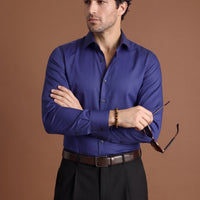 Orta Lacivert Uzun Kol Slim Fit Dar Kesim Pamuklu Non Iron Ütü Gerektirmeyen Saten Klasik Gömlek