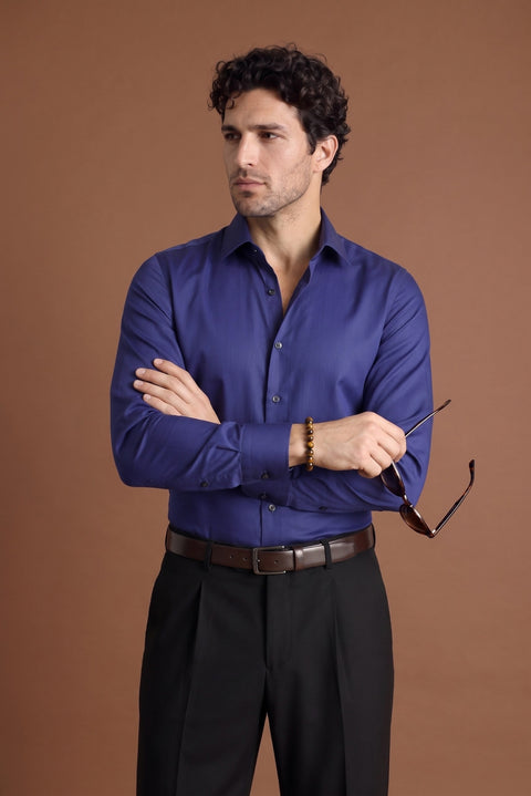 Mid-Navy Long Sleeve Slim Fit Cotton Non-Iron Sateen Classic Shirt