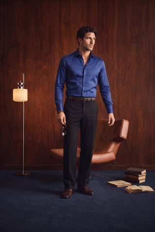  Orta Lacivert Uzun Kol Slim Fit Dar Kesim Pamuklu Non Iron Ütü Gerektirmeyen Saten Klasik Gömlek