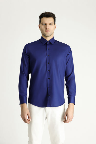  Orta Lacivert Uzun Kol Slim Fit Dar Kesim Pamuklu Non Iron Saten Klasik Gömlek