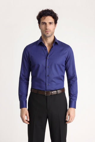  Orta Lacivert Uzun Kol Slim Fit Dar Kesim Pamuklu Non Iron Ütü Gerektirmeyen Saten Klasik Gömlek