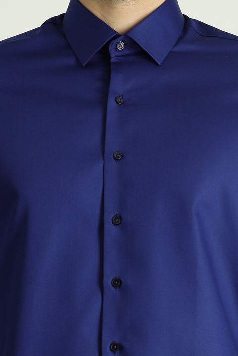 Orta Lacivert Uzun Kol Slim Fit Dar Kesim Pamuklu Non Iron Saten Klasik Gömlek