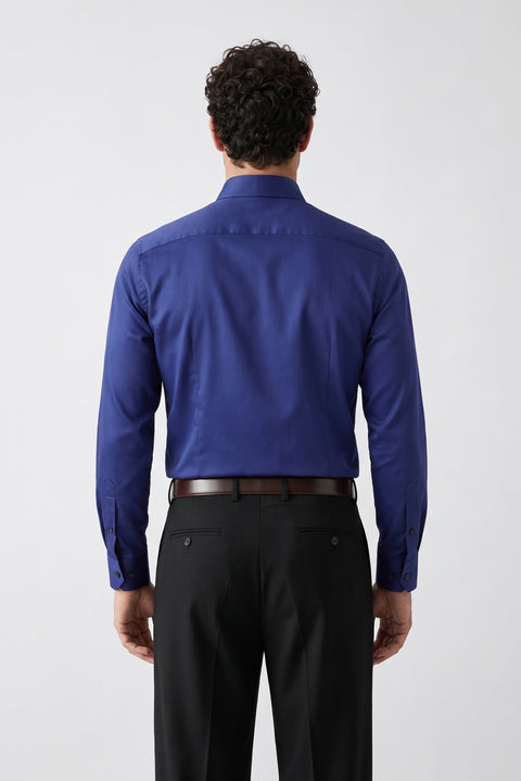 Mid-Navy Long Sleeve Slim Fit Cotton Non-Iron Sateen Classic Shirt