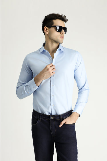  Uçuk Mavi Uzun Kol Slim Fit Dar Kesim Pamuklu Non Iron Saten Klasik Gömlek