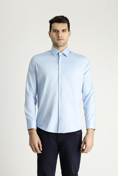  Uçuk Mavi Uzun Kol Slim Fit Dar Kesim Pamuklu Non Iron Saten Klasik Gömlek