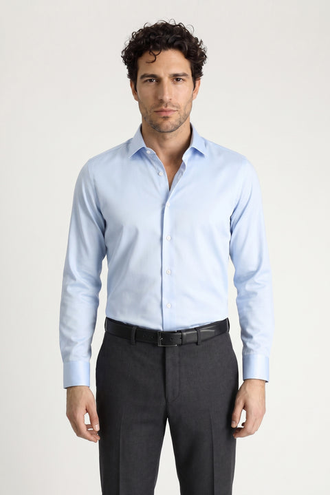 Light Blue Long Sleeve Slim Fit Narrow Cut Cotton Non-Iron Satin Classic Shirt